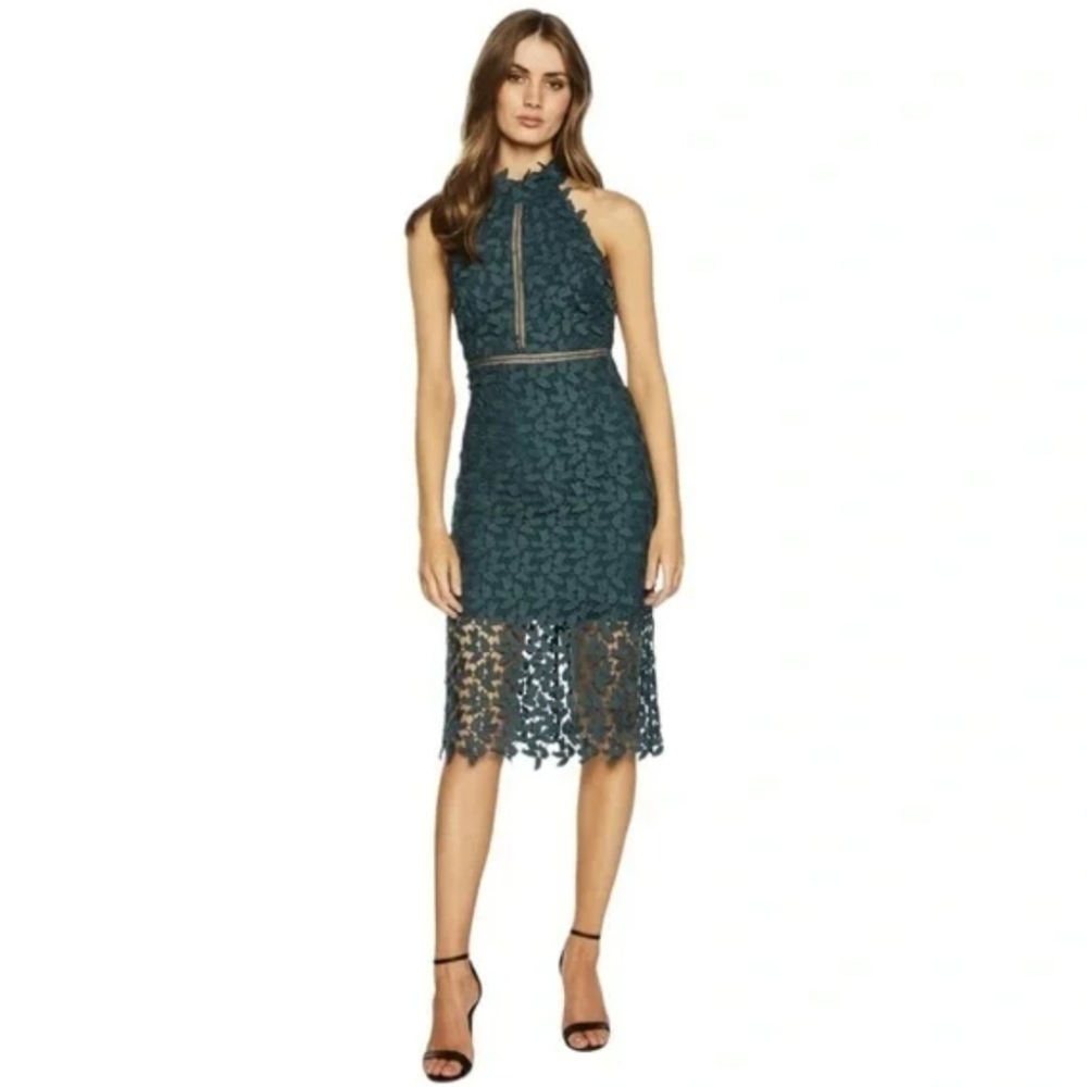 Bardot Gemma Halter Open Back Leaf Lace Dress Hunter Green
